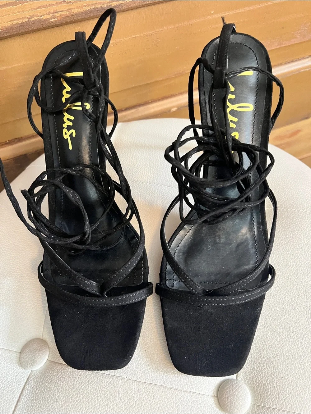 Lulus Black Lace Up Heels | Strappy Square Toe Stiletto Sandals | 8.5 NWOB